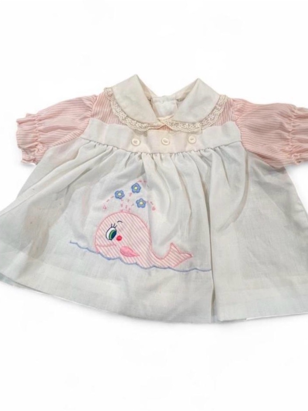 Vintage 70s Embroidered Whale Baby Dress — Pink & White